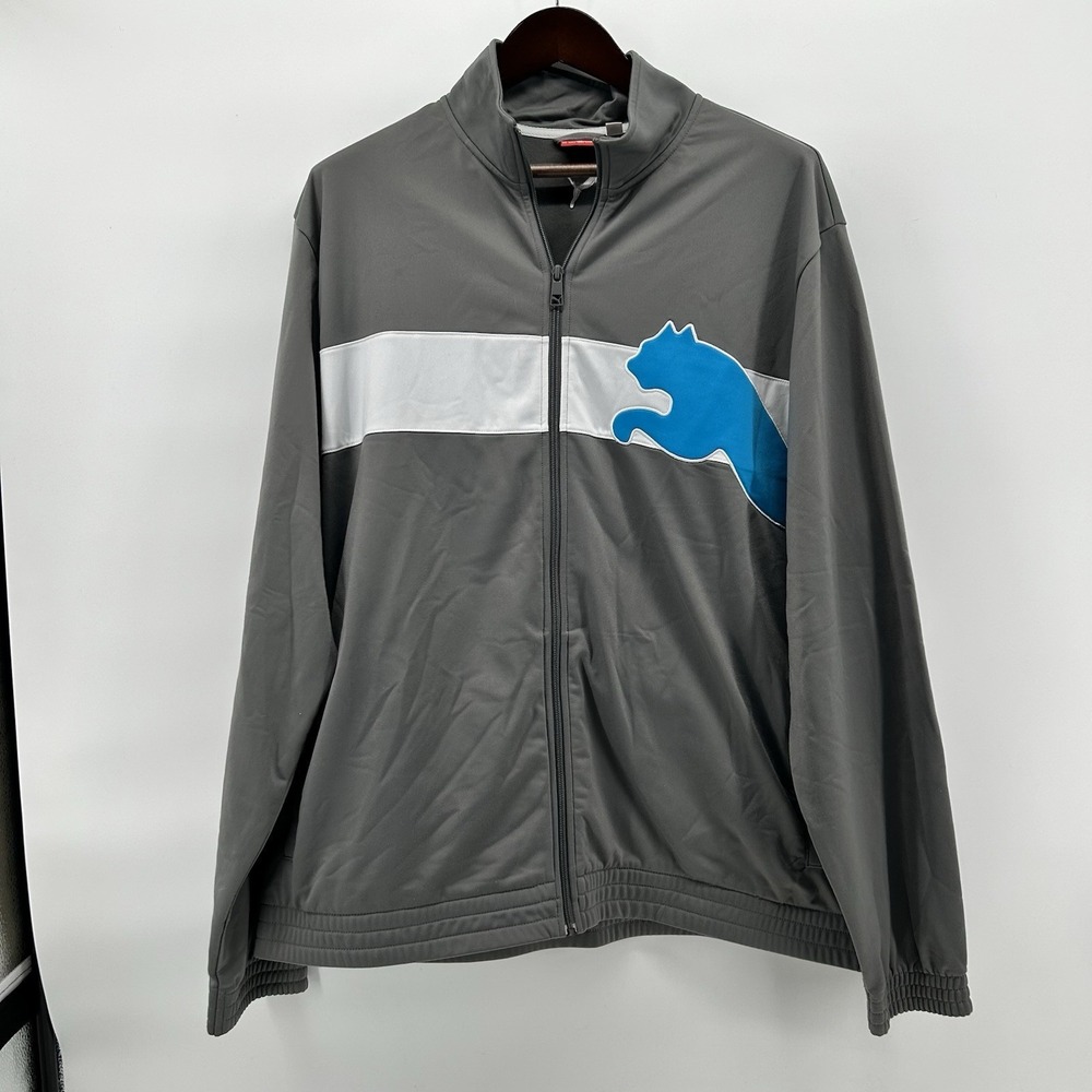 Puma Mens 2XL Gray Full Zip Track Jacket Blue Cat Logo Athletic‎  Streetwear Vtg